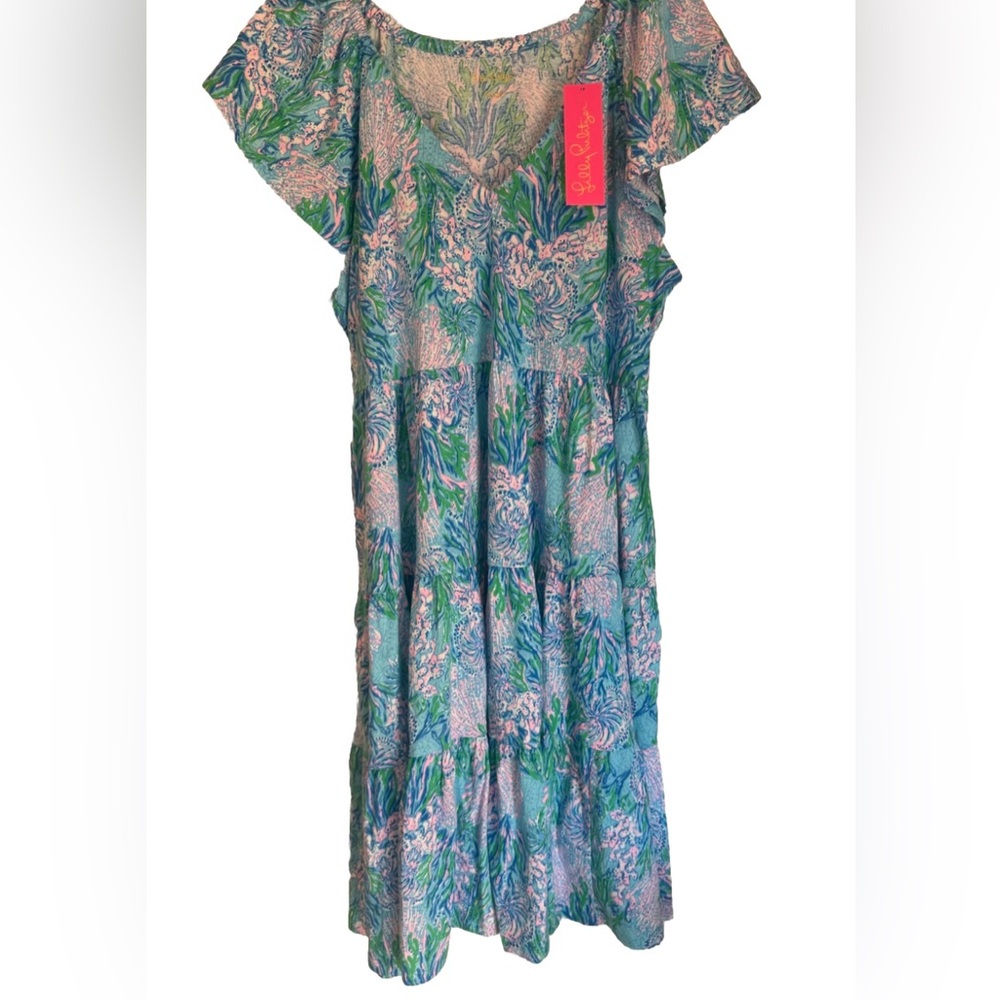 NWT Lilly Pulitzer Kawai Flutter Sleeve Las Olas Aqua Strong Current Sea  Sz L